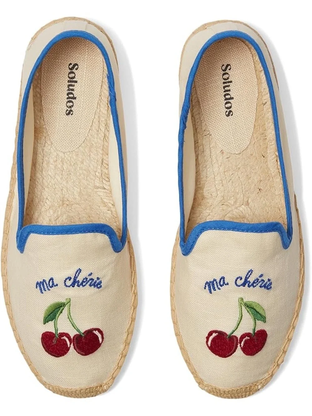 Soludos Ma Chérie Cherry Embroidered Espadrilles in White with Blue Trim